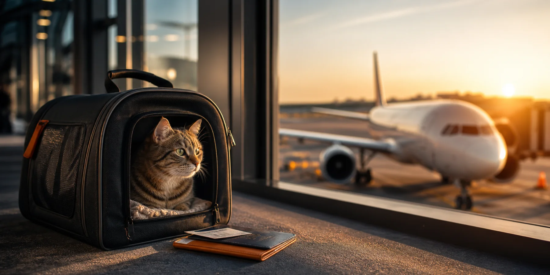 Cat in an airline-approved carrier at an airport window