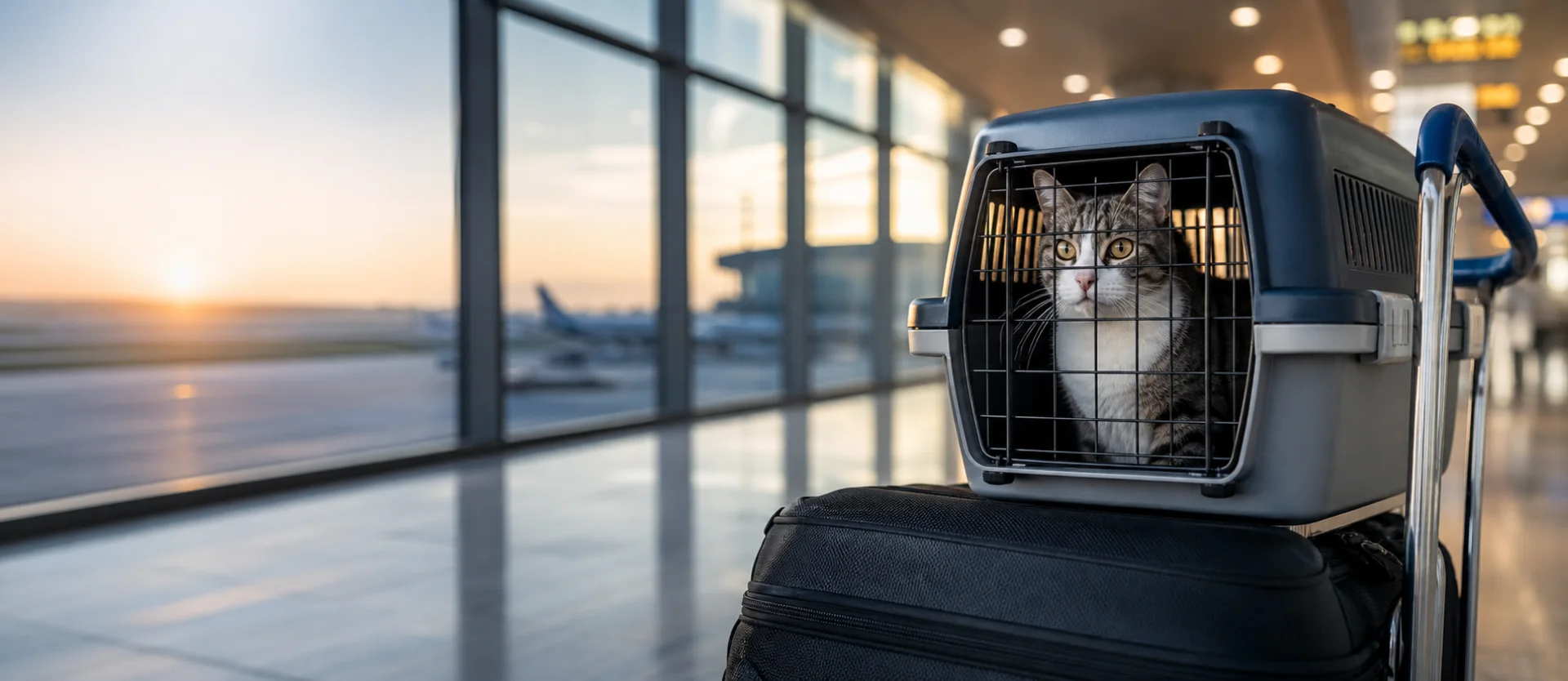 Cat waiting safely in a closed airline travel carrier at an airport