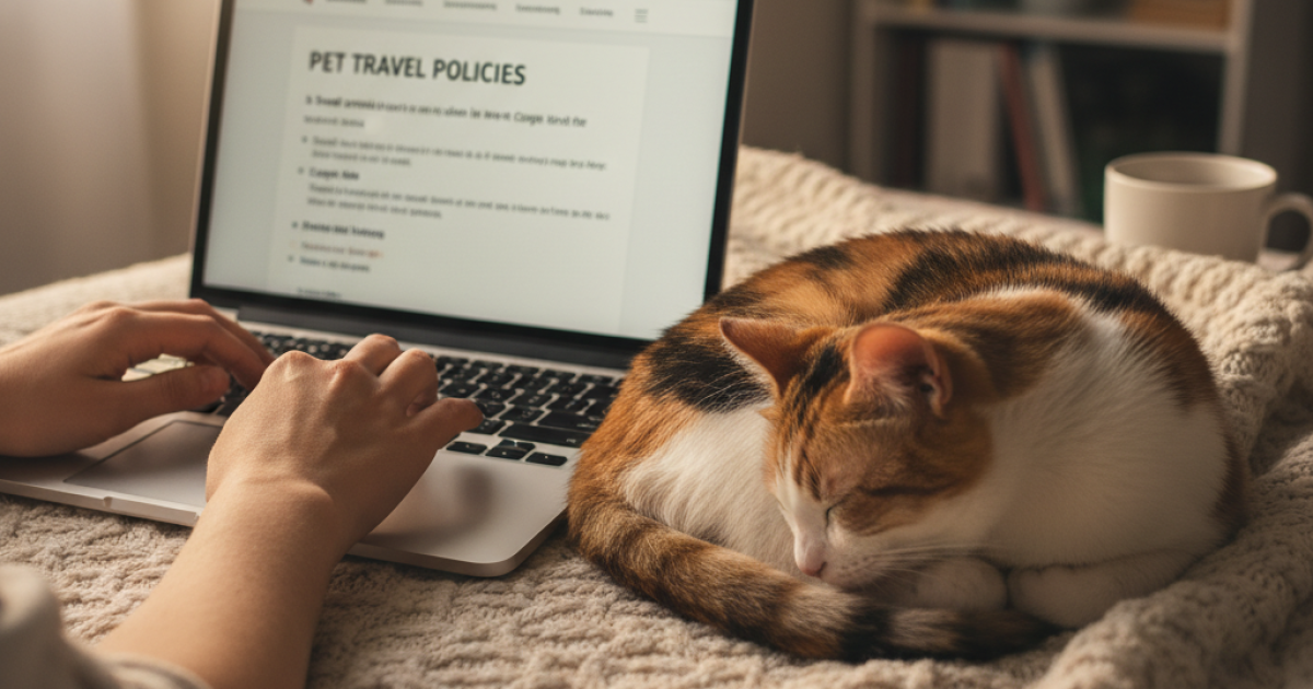 A person researching pet-friendly airlines on a laptop, with a cat comfortably sleeping nearby