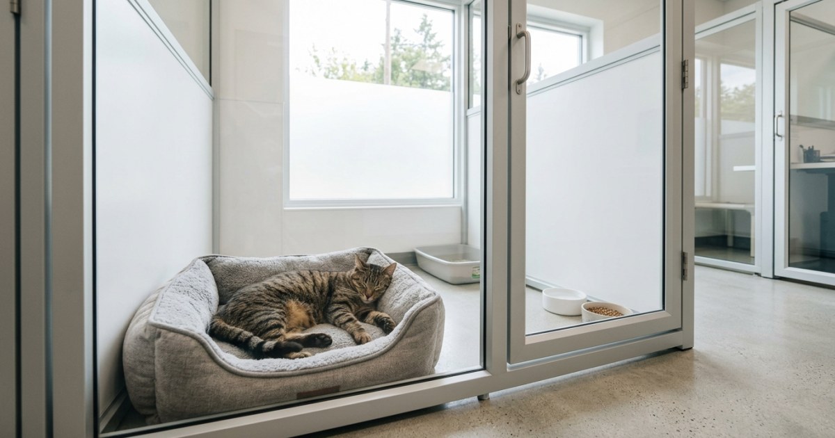 Bright clean and modern quarantine kennel room with a cat resting on a comfortable bed inside