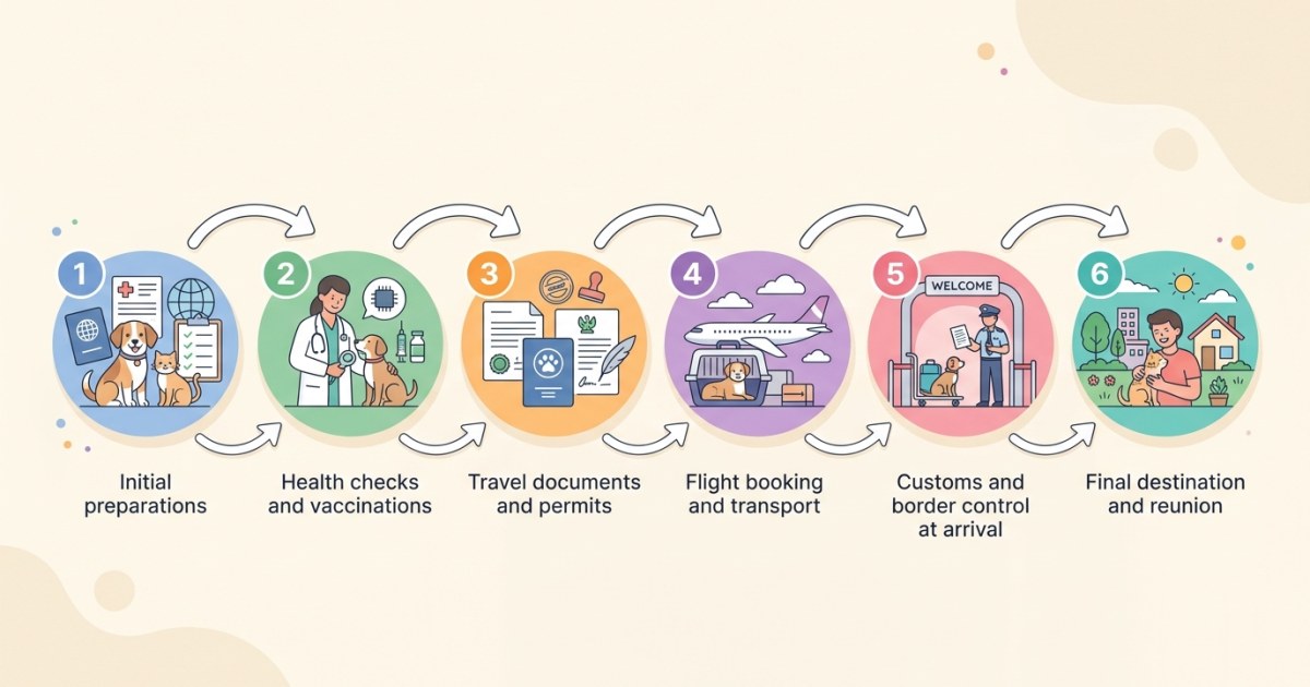 Illustrated timeline showing sequential steps for importing a cat to Australia