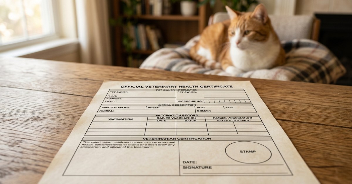 Official veterinary health certificate on a desk with a cat sitting blurred in the background