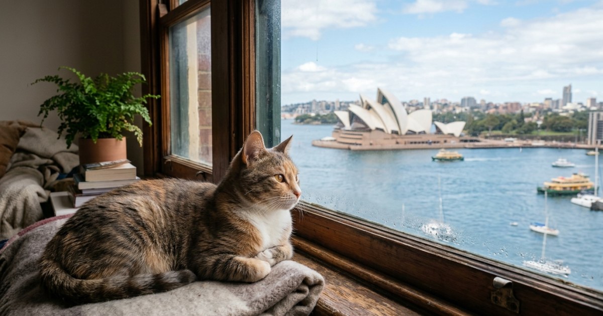 Cat looking at Sydney Opera House through window