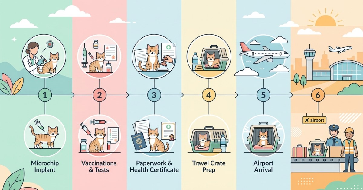 Illustrated step by step timeline showing cat import stages from microchip to quarantine