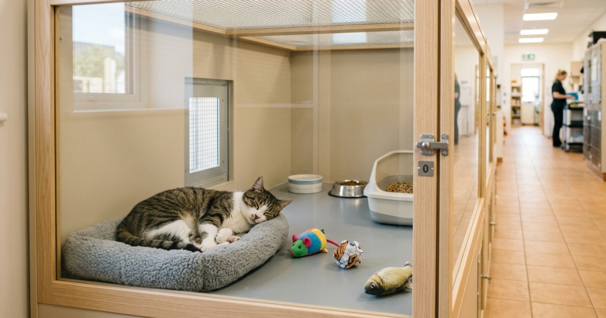 A cat resting comfortably inside a clean and spacious quarantine facility enclosure