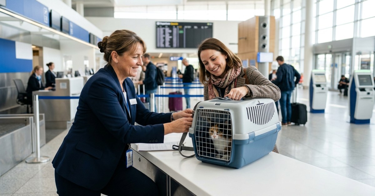 A professional pet relocation agent assisting a cat owner at an airline check in counter with a carrier