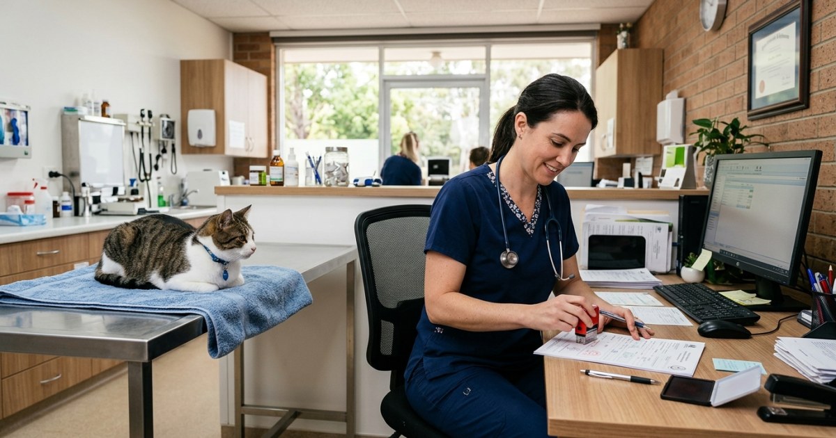 A veterinarian stamping and completing official health certificate documents for a cat
