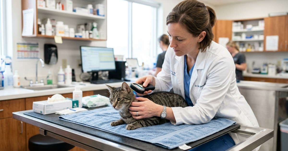 A veterinarian using a scanner to check a cats microchip during a clinic visit