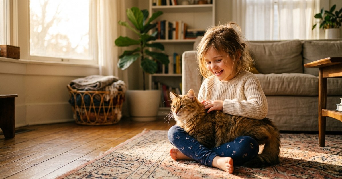 Young child sitting on a sunny living room floor happily petting a fluffy tabby cat