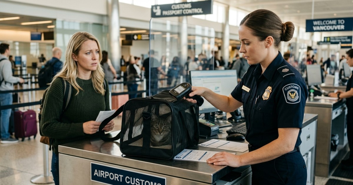 Border official in uniform scanning a cat in a travel carrier at an airport customs desk, with a worried pet owner in the background