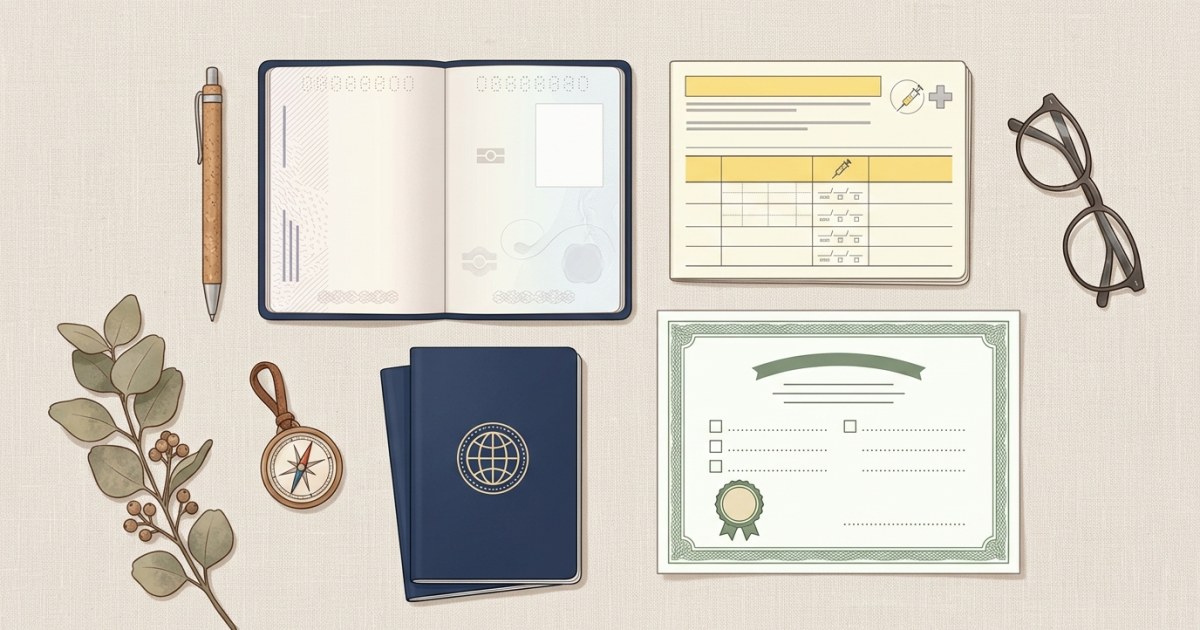 Flat illustration of organized travel documents checklist for importing a cat to Canada