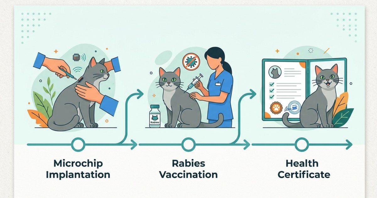 Illustrated timeline showing microchip implantation followed by rabies vaccination steps