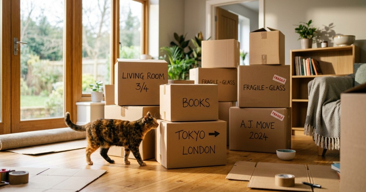 Relaxed cat exploring a bright new living room after arriving in Canada with no quarantine