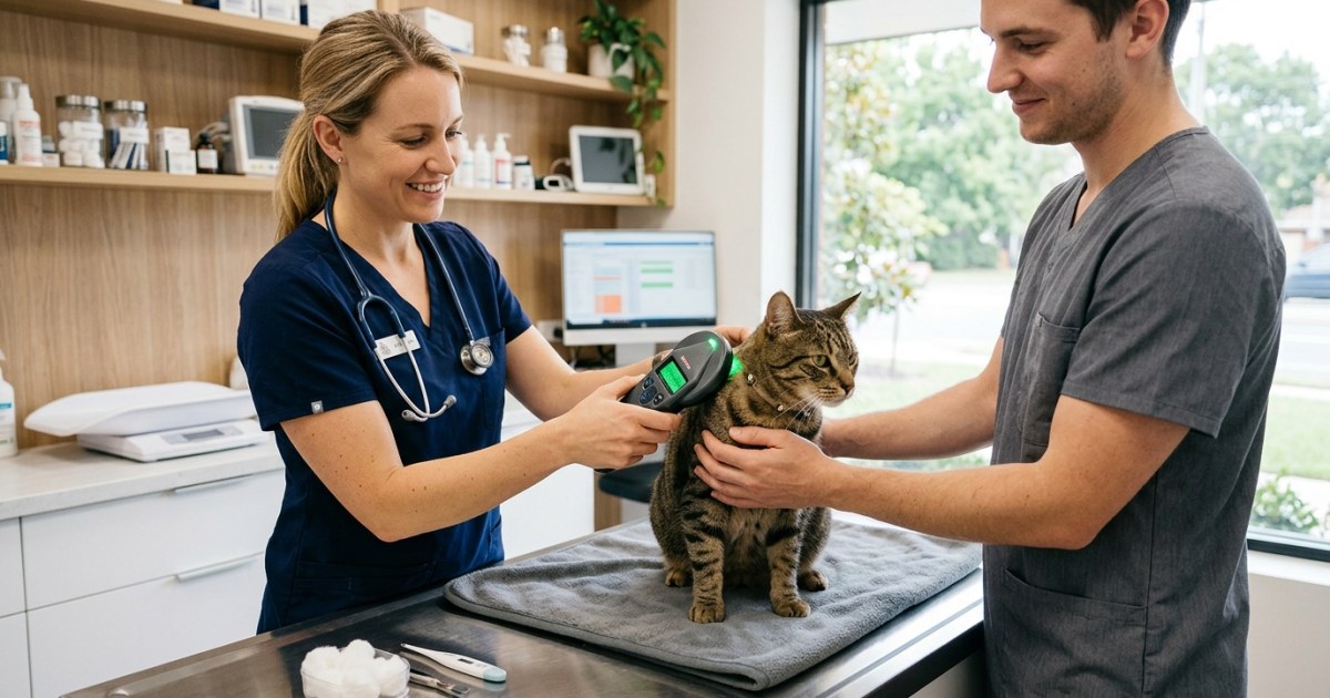 Veterinarian using a handheld scanner to verify a cats ISO microchip at a clinic