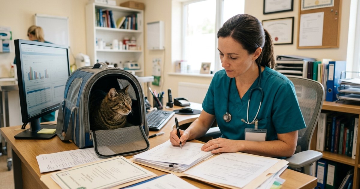Veterinarian reviewing and signing an official health certificate document beside a cat