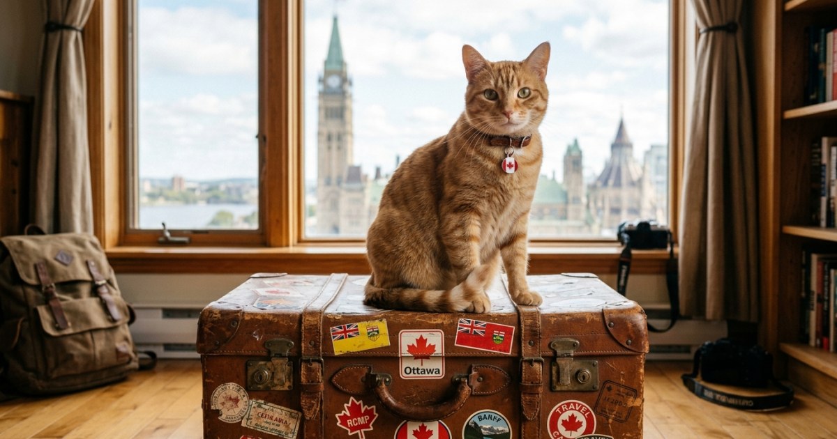 Ginger tabby cat sitting on a vintage suitcase covered in Canadian maple leaf stickers, with the Parliament Buildings of Ottawa visible in the soft-focus background — moving to Canada with a cat
