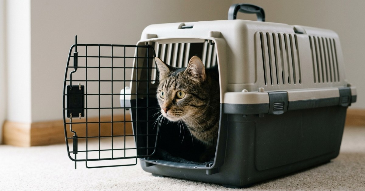 Cat peering out from inside a secure airline approved travel crate