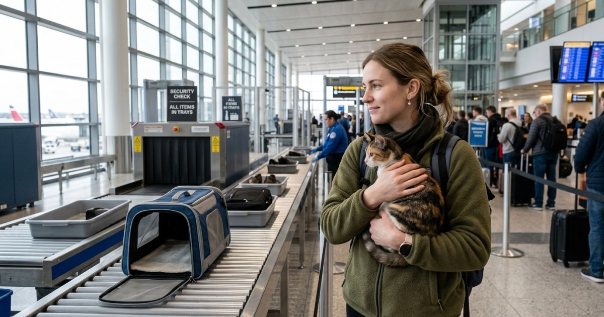 Person holding a cat while placing empty carrier on airport security belt