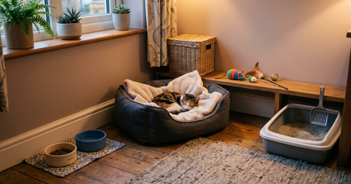 A comfortable base room with a cat bed litter tray and familiar toys