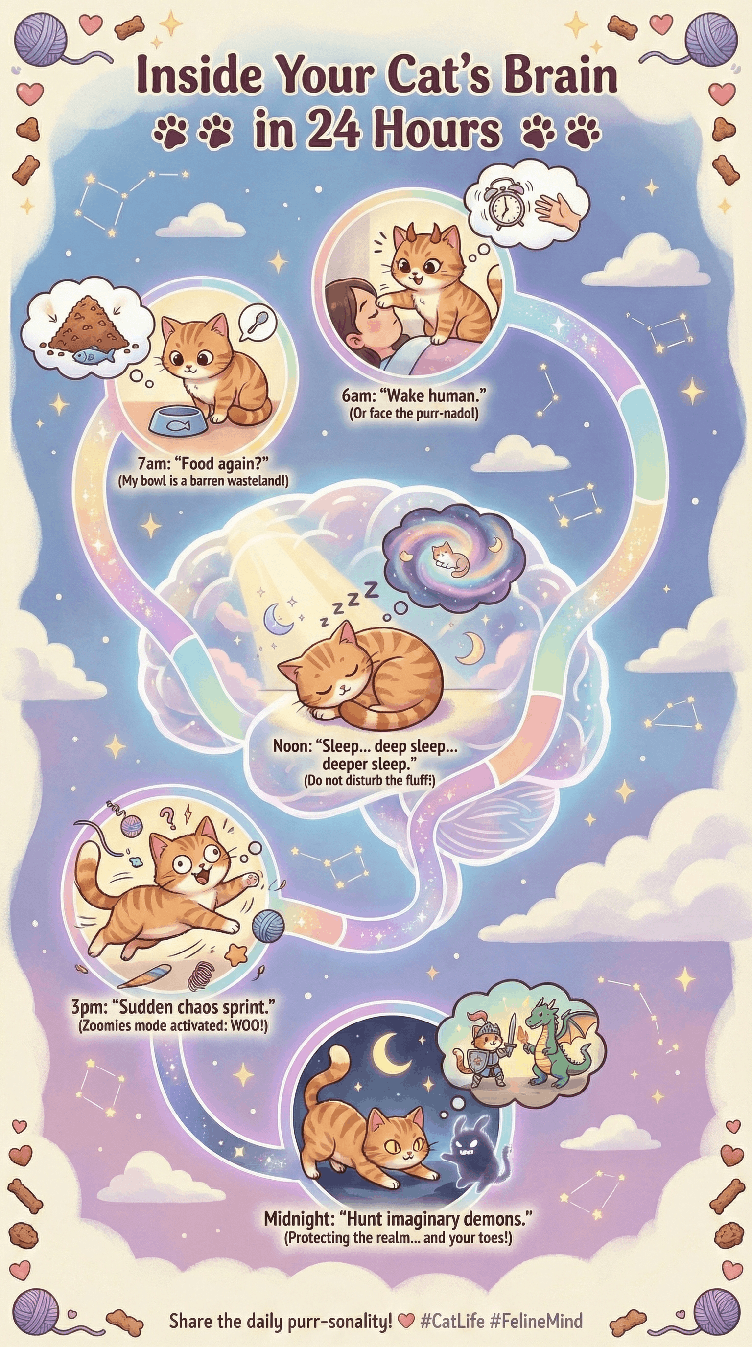 Humorous infographic about what goes on inside a cat's brain