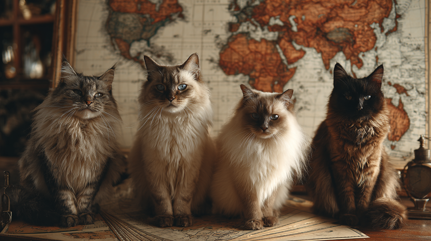 World map showing cat breed origins across 20 countries