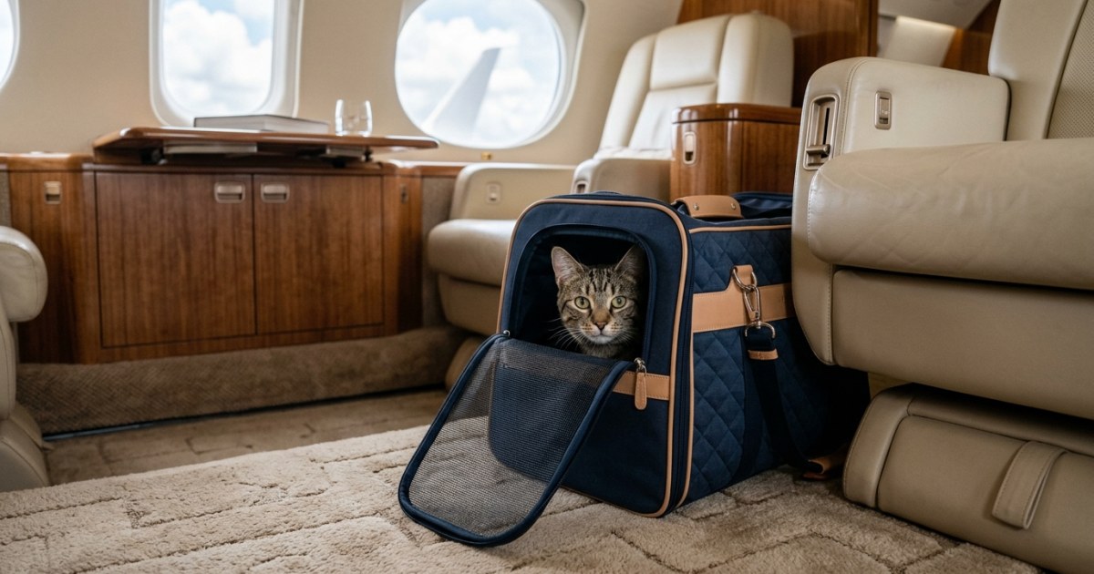 Cat inside a soft carrier placed on private jet cabin floor