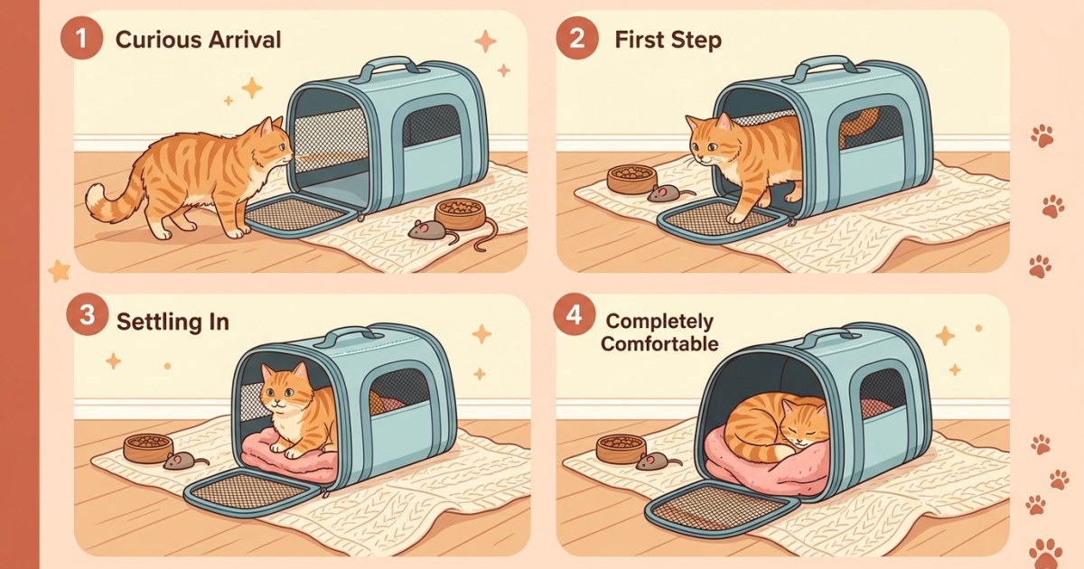 Illustration showing carrier training steps for a cat before moving day