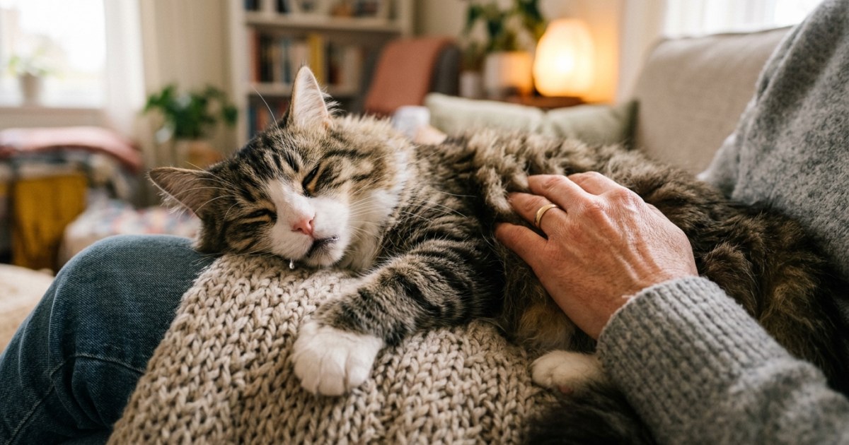 A relaxed cat kneading and drooling slightly while lying on a person's lap during a cuddle session