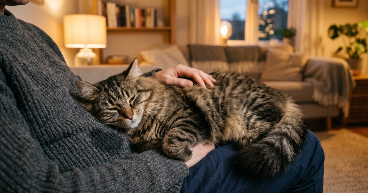 A relaxed fluffy tabby cat lying on an owner's lap in warm evening light, eyes half-closed in contentment