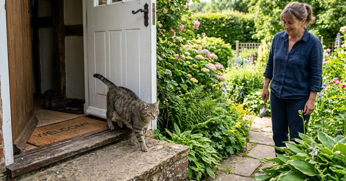 A cat cautiously stepping outside into a new garden for the first time