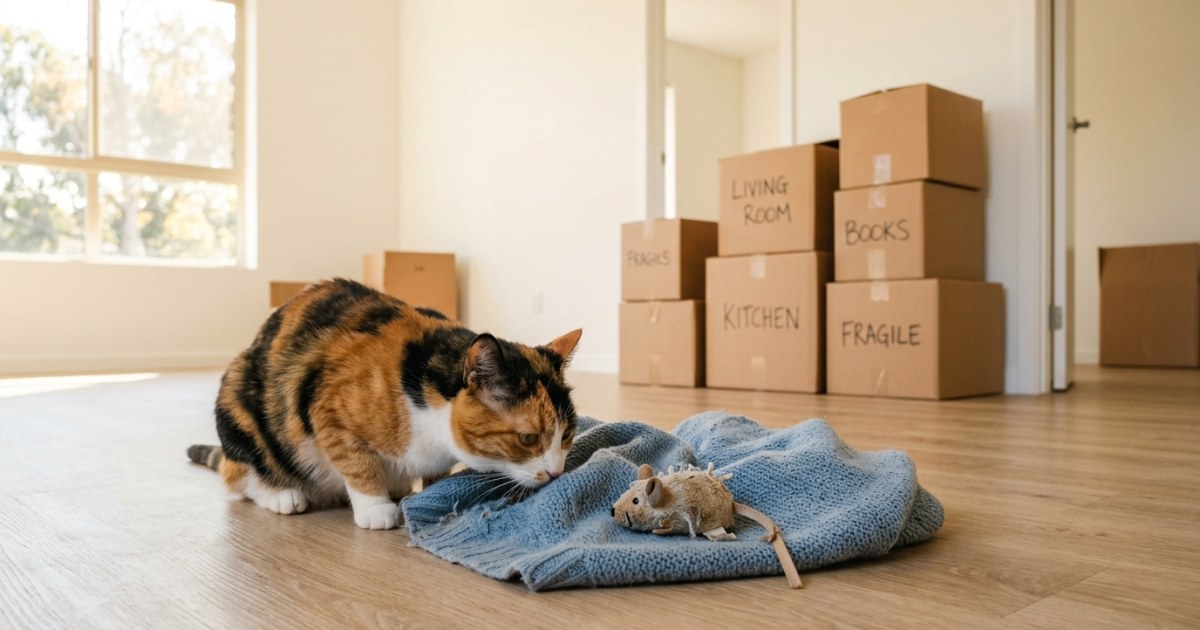 Cat cautiously exploring a new room surrounded by familiar items from home