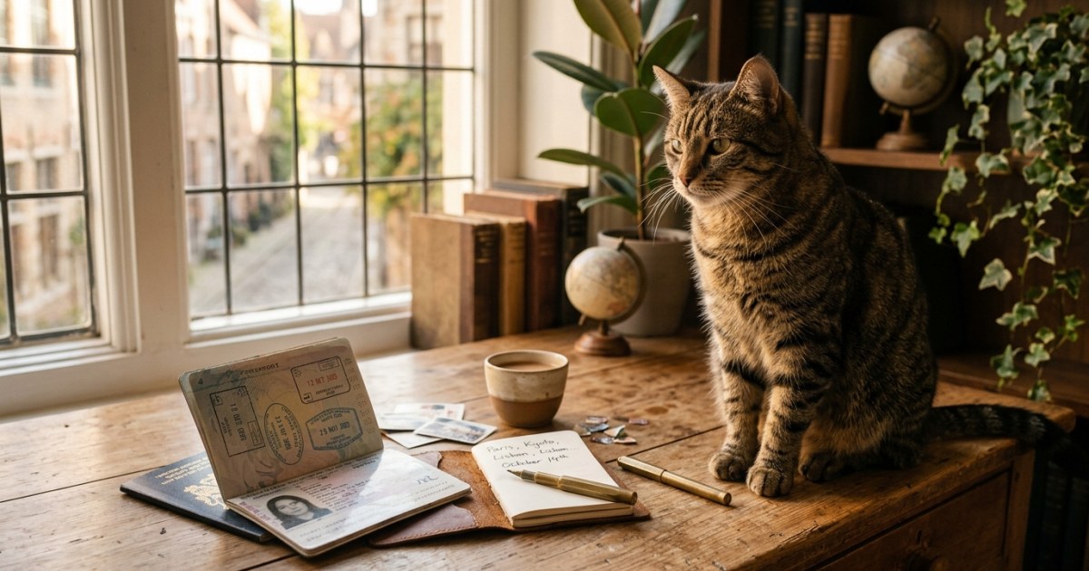 A tabby cat sitting beside travel documents and a passport on a wooden desk in warm morning light