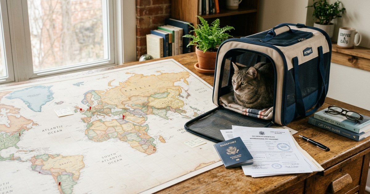World map beside a cat carrier showing varying international entry requirements