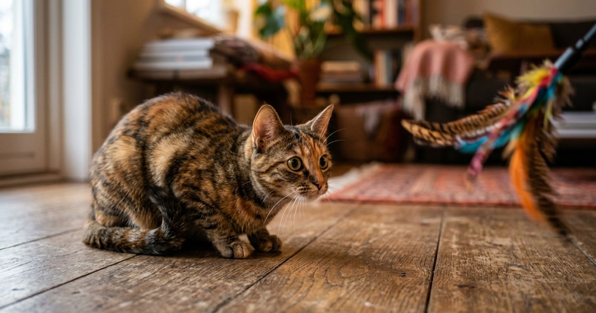 A cat locked in intense focus on a small moving feather toy, body coiled and eyes wide, illustrating its motion-detection instinct