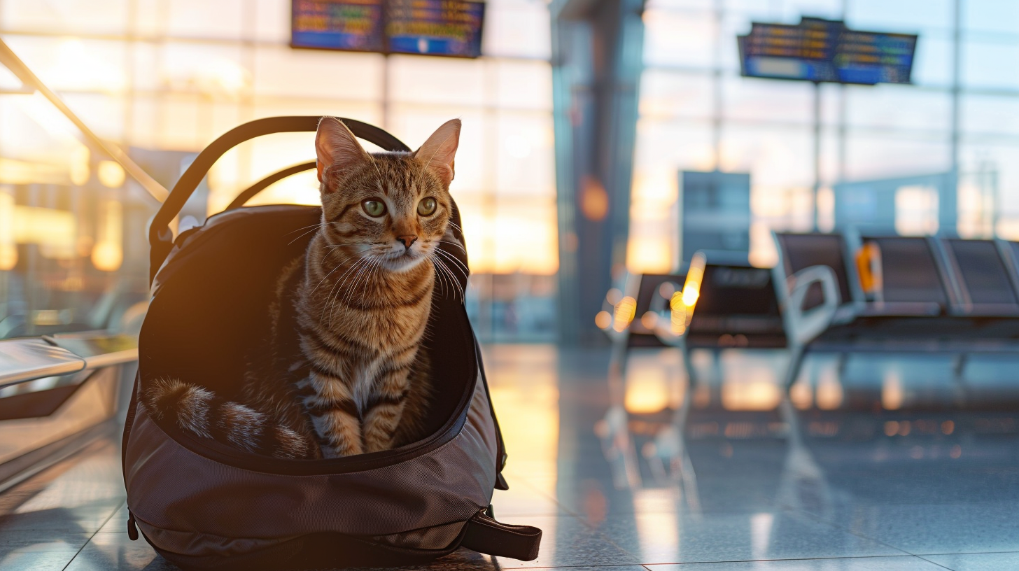 Cat in a carrier at an airport ready to fly