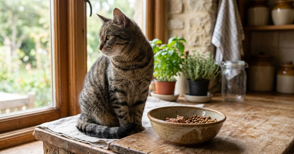Cat sitting beside a half eaten food bowl looking disinterested