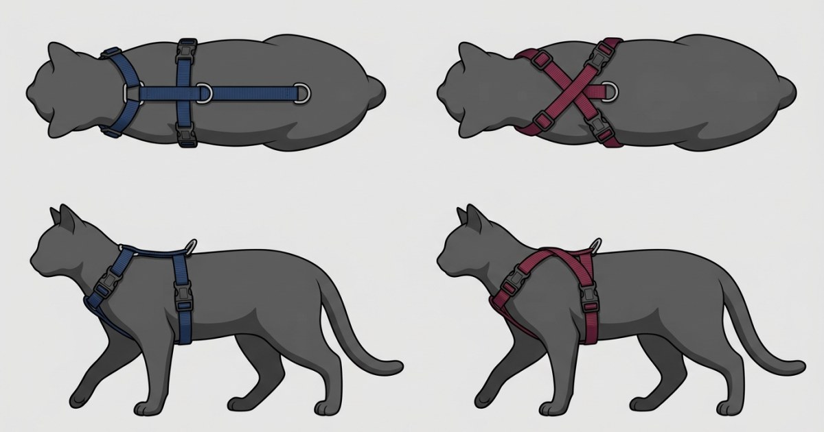 Illustration comparing H-style and figure-eight cat harness designs side by side