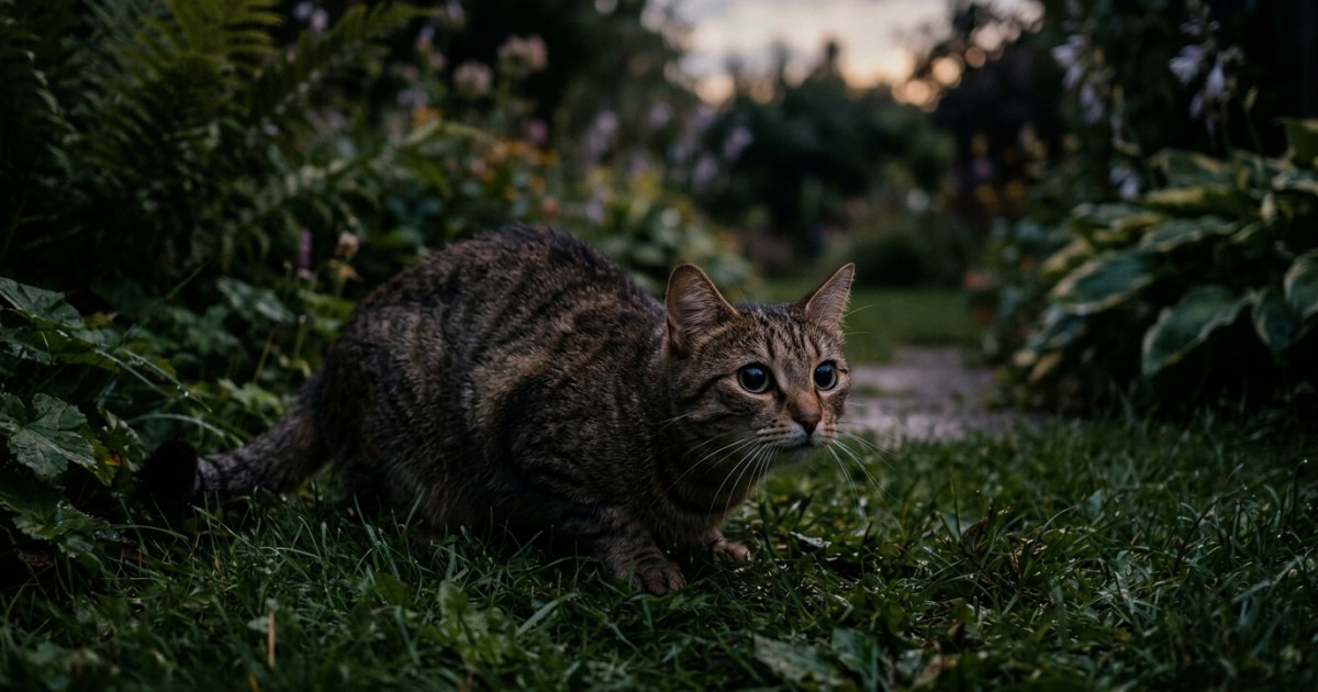 A cat crouched low in a garden at dusk, eyes wide and pupils dilated, focused intently on something in the dim grass ahead