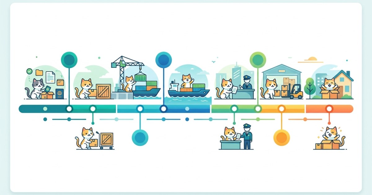 Step by step timeline illustration showing cat import process for New Zealand