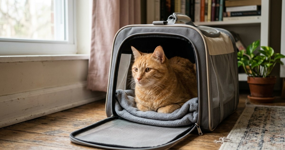 A calm cat resting inside a secure carrier on moving day