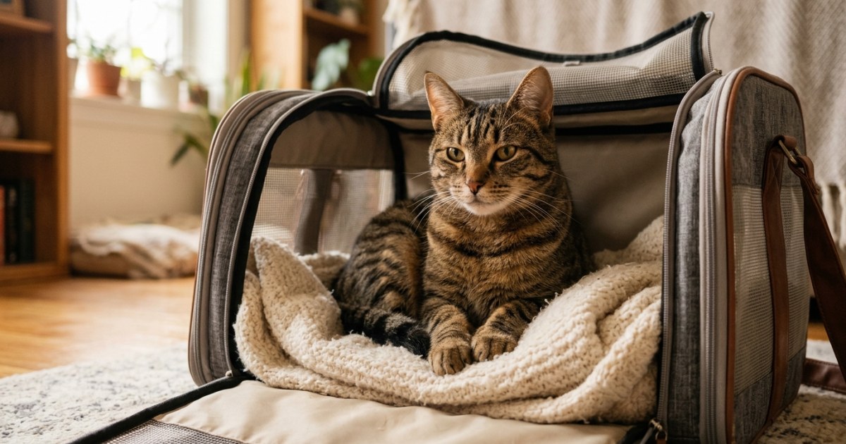 Cat resting comfortably inside an open soft carrier with a blanket