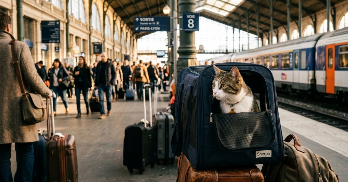 A cat in a travel carrier at a European airport, looking out, with a soft-focus background of people and luggage, illustrating international pet travel.