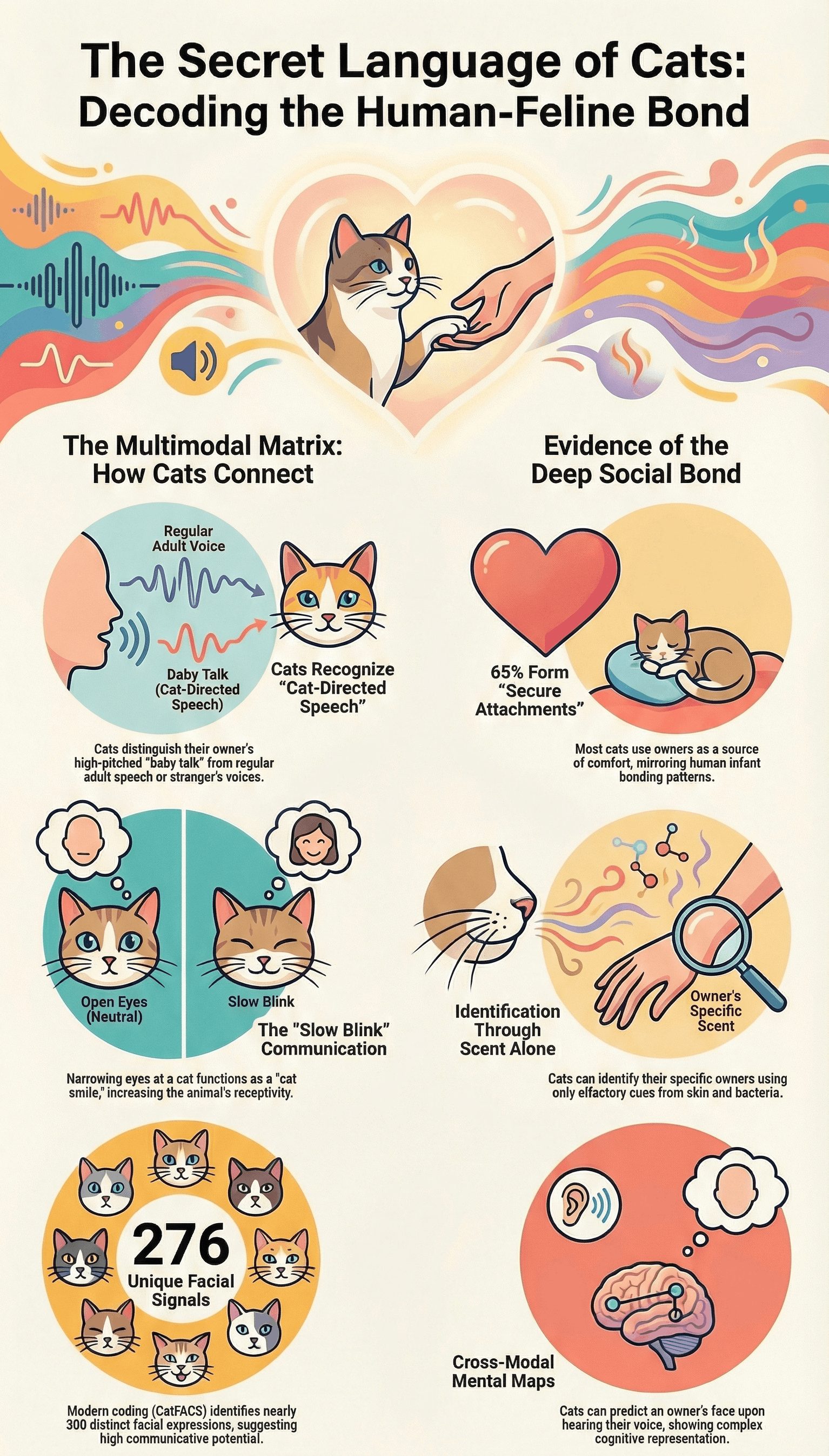 Infographic: The Secret Language of Cats - Decoding the Human-Feline Bond, showing cat-directed speech, secure attachments, slow blink communication, scent identification, 276 facial signals, and cross-modal mental maps