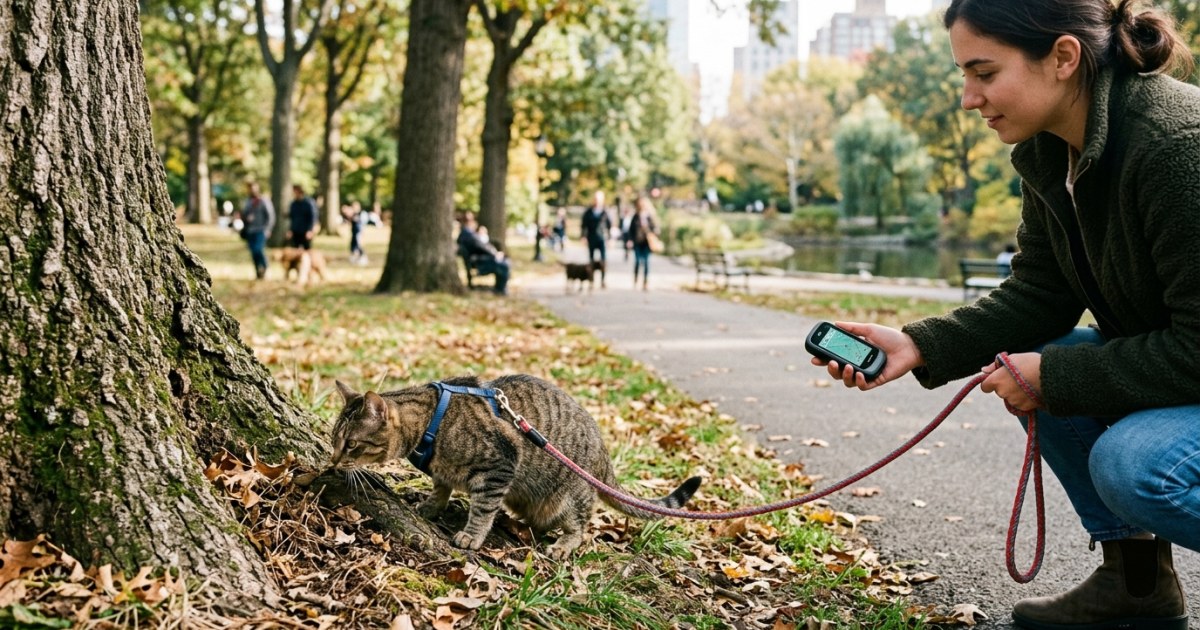 Cat on leash sniffing urban tree base while owner holds small GPS tracker