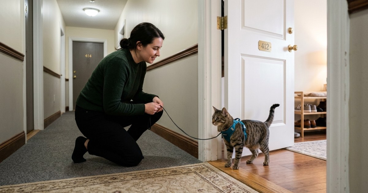 Cat on leash pausing at apartment doorway threshold during early training phase