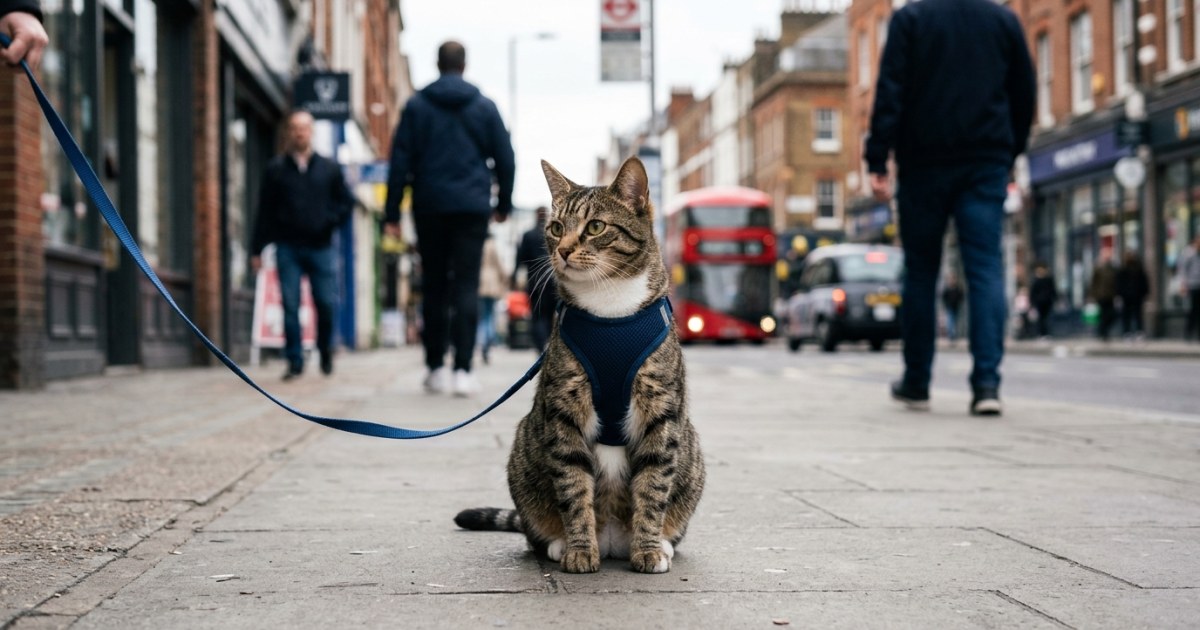 Cat on leash sitting calmly on city sidewalk with urban buildings in background