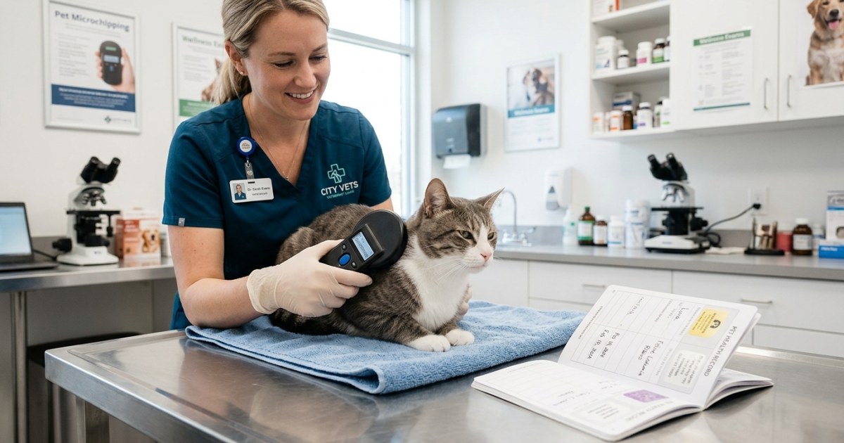 Microchip scanner held near a cat beside an open vaccination record booklet
