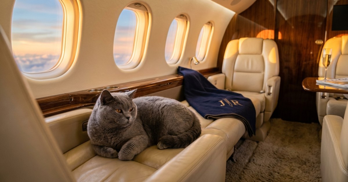 An elegant British Shorthair cat relaxing on a cream leather seat inside a luxuriously appointed private jet cabin