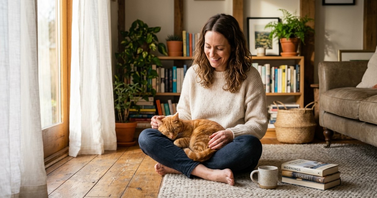 Woman with ginger tabby cat in sunlit apartment — pets and happiness study