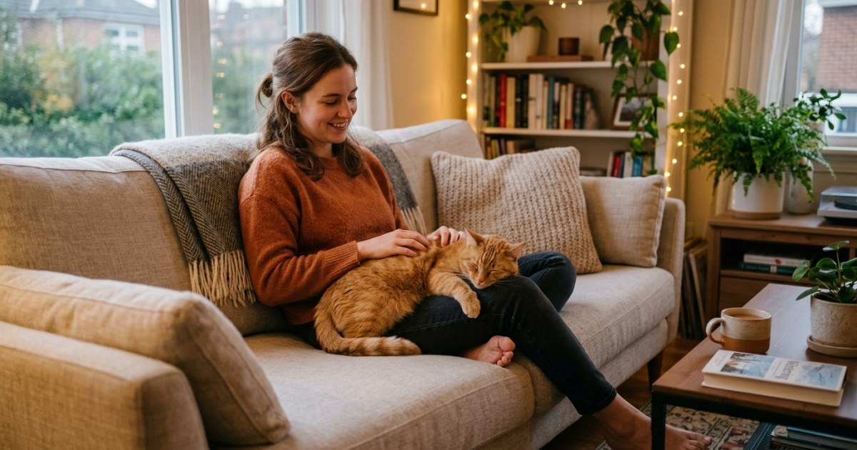 Person sitting calmly with a cat on their lap demonstrating mental health benefits